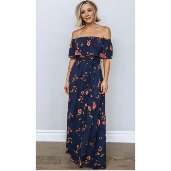 Baltic Born Marion Maxi Dress Off the Shoulder Floral Print Blue Size Small - Picture 1 of 8